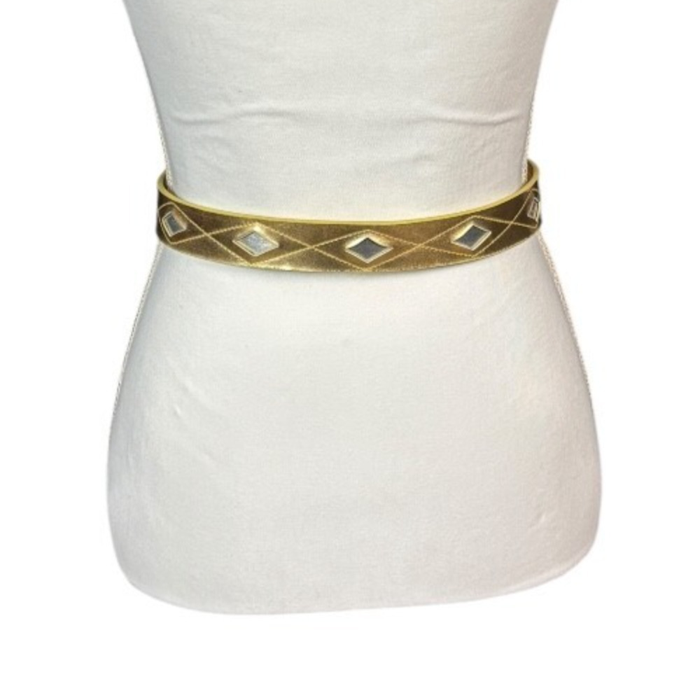 Vintage Liz Claiborne Statement Belt Gold Size Medium Faux Leather Retro Diamond - Picture 3 of 11